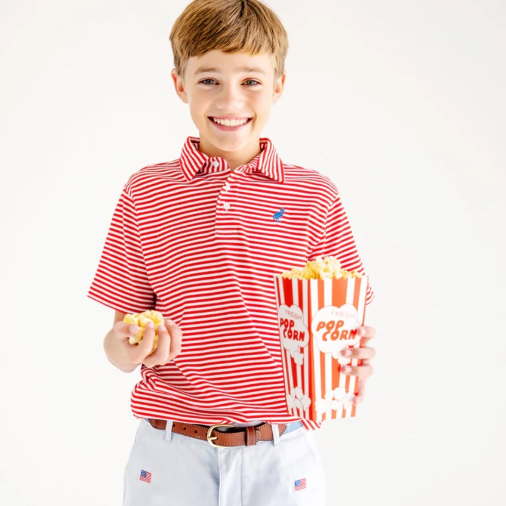 TBBC Prim & Proper Polo Richmond Red Stripe with Barbados Blue Stork Size 12